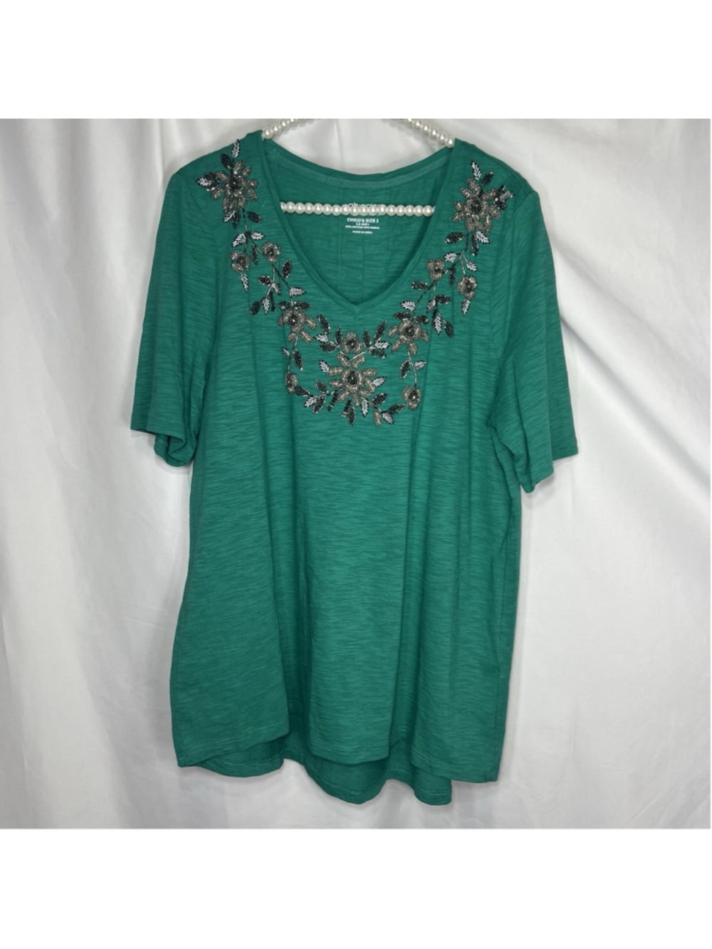 Chico's Women’s The Ultimate Tee Beaded Sz 2 (L) Artsy Whimsical Casual Green